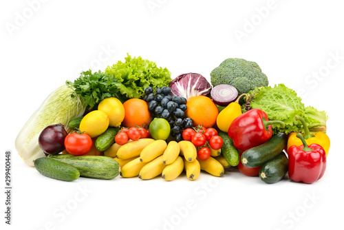 Different multi-colored healthy fruits and vegetables isolated on white