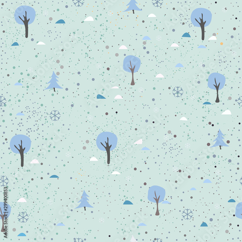 Funky Pattern with Winter Trees on Modern Pink stained Background. Hand Drawn Design. Great for wall art design, gift paper, wrapping, fabric, textile, etc.