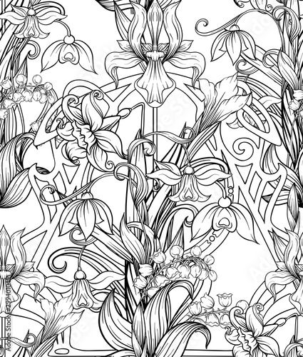 Spring flowers seamless pattern, background. Outline hand drawing vector illustration. In art nouveau style, vintage, old, retro style..