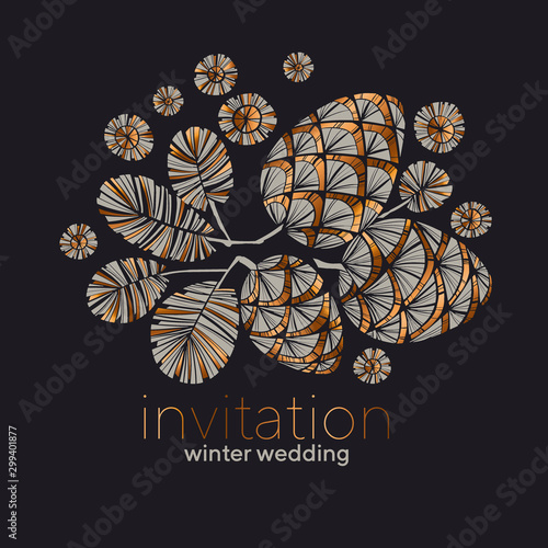 Gold hand drown pine cones elegant composition