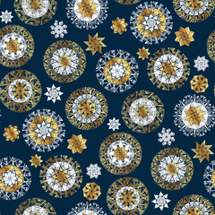 Wandcirkels Blauw goud patronen Winterse sterren en sneeuwvlokken patroon  © galyna_p