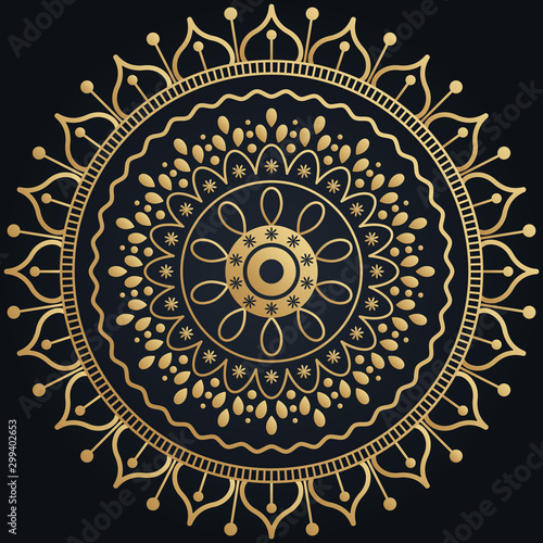 Golden luxury flower ornament on black. Ethnic illustration for textile, print