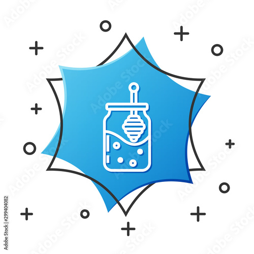 White line Jar of honey and honey dipper stick icon isolated on white background. Food bank. Sweet natural food symbol. Honey ladle. Blue hexagon button. Vector Illustration