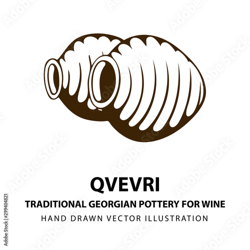 Qvevri. Traditional Georgian pottery for wine. Ancient Georgian handmade clay vessel for wine. Wine theme hand drawn vector illustration. photo