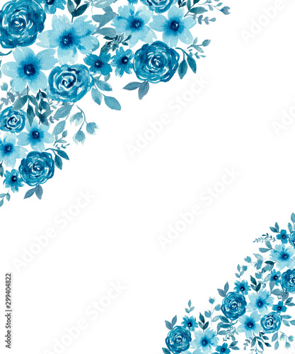 winter floral decoration card with blue watercolor flower bouquet, blue monochrome floral decorative frame 