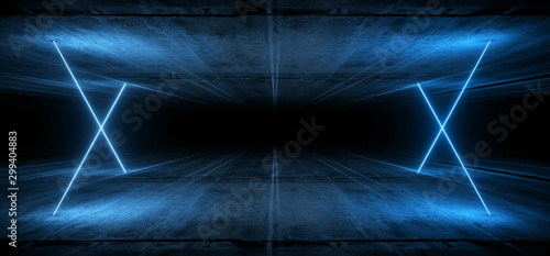 Dark Concrete Futuristic Sci Fi Alien Spaceship Tunnel Underground Blue Colored Laser Neons Modern Empty Night Background 3D Rendering