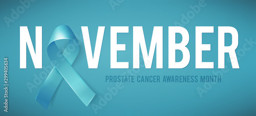 Poster with blue ribbon, medical symbol for prostate cancer awareness month in november. Vector