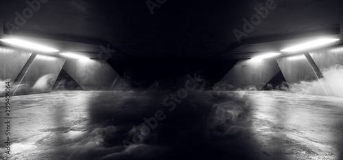 Smoke Fog Steam Big Dark White Corridor Sci Fi Garage Hallway Asphalt Cement Tunnel Underground Virtual Reality Showroom 3D Rendering