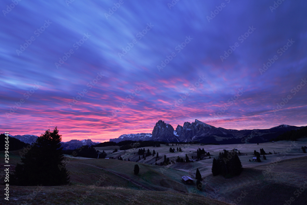 Red worms in the Dolomites. Sunrise in the mountains