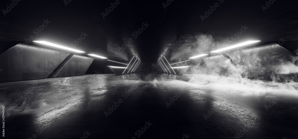 Smoke Fog Triangle Alien Concrete Grunge Sci Fi Futuristic White Glowing Neon Laser Light Empty Space Hall Garage Underground 3D Rendering