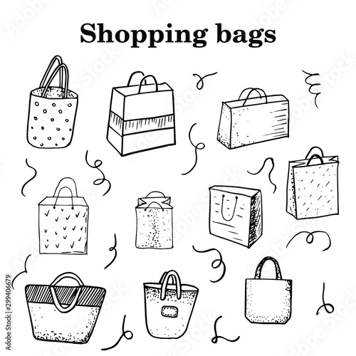 Vector hand drawn doodle shopping bags set on white background