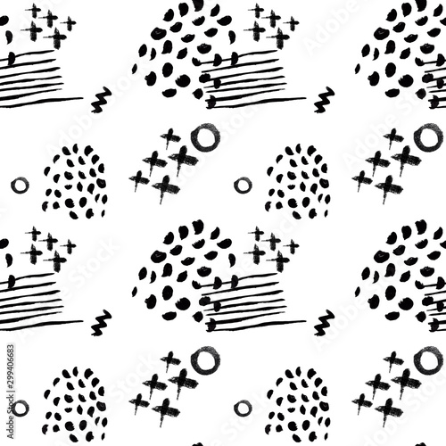 Hand drawn paint brush black ink stains  seamless pattern on white background. Design for textile  wrapping  wallpaper