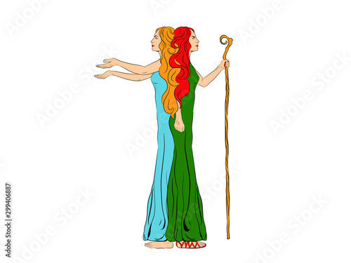 Women in the image of a two-faced Janus. A woman with a staff  stick. A woman with outstretched arms. Vector illustration