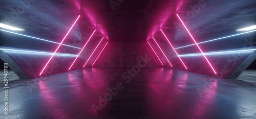 Sci Fi Futuristic Alien Tunnel Ship Corridor Underground Laser Purple Blue Neon Light Lines On Grunge Reflective Concrete Empty Space Background 3D Rendering