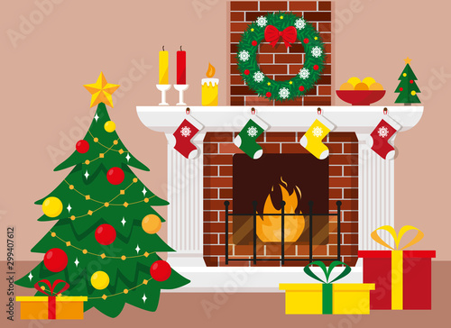 Christmas tree and fireplace with wreath, candles, decoration and gifts in boxes. Vector illustration for Christmas and New Year design.