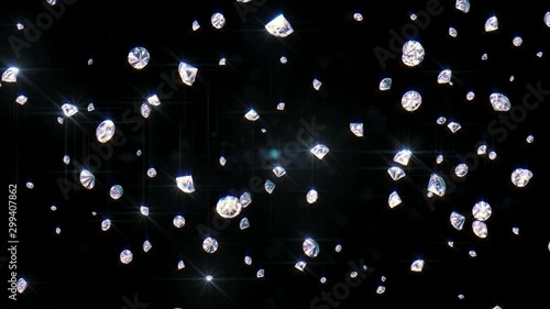 4k abstract shiny falling diamonds in black space background. 3d rendered backdrop