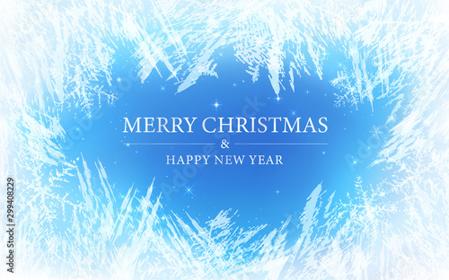Frost pattern background (Merry Christmas). Frozen texture in winter (vector ice crystals) with snowflakes