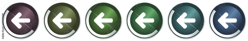 Left arrow icon set, colorful silver metallic chrome vector illustrations in 6 options for web design and mobile applications Left arrow icon set, colorful silver metallic chrome vector illustrations in 6 options for web design and mobile applications