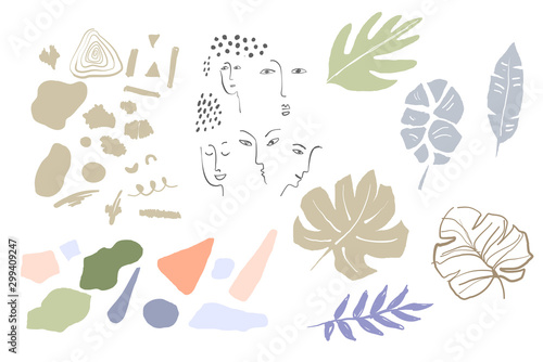 Set of absctract background with tropical elements and girl face in one line style. Portrait minimalistic style. Editable vector illustration