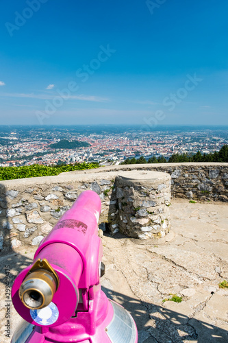 View from tower Fuerstenstand on Plabutsch with telescope to Graz