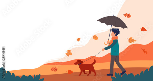 Man walking the dog in autumn. Cute vector illustration in flat style.