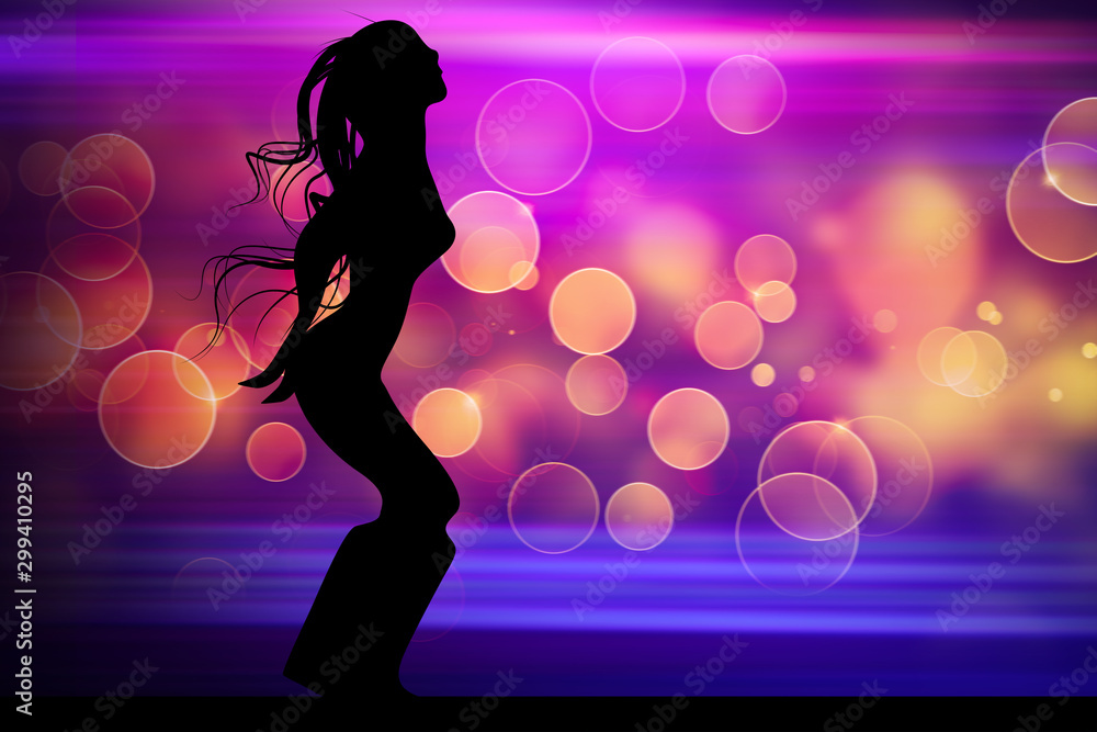 Silhouette of dancing girl in night club with light background
