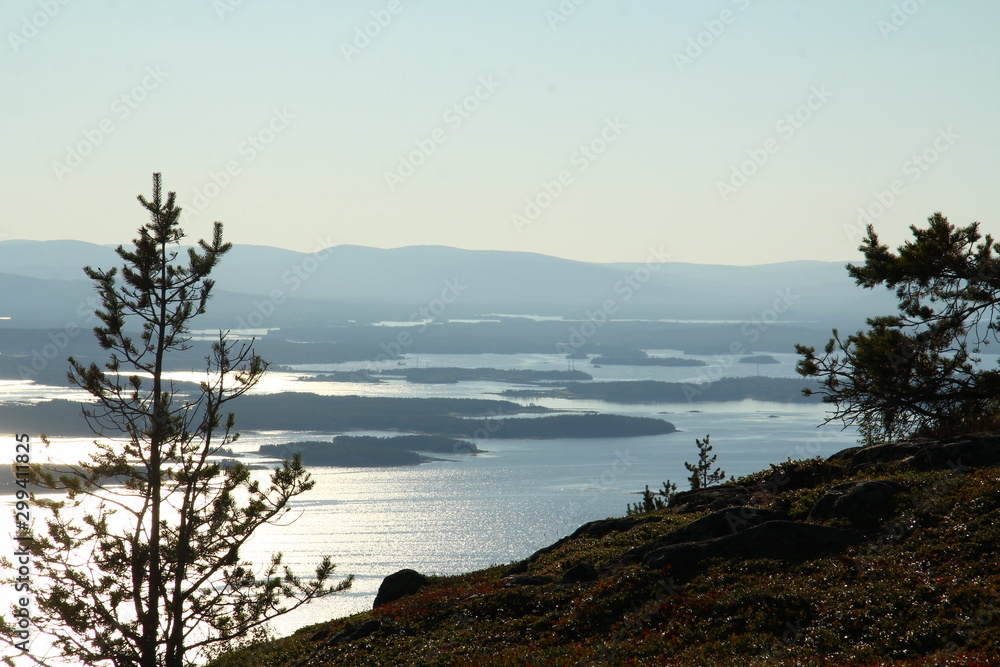 Obraz premium Beautiful view of the White sea from the mountain. Arctic. Murmansk region. Kandalaksha city.