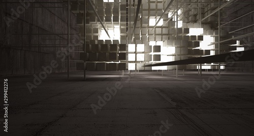 Abstract architectural concrete brown interior from an array of beige cubes with neon lighting. 3D illustration and rendering.