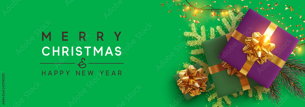 Christmas banner. Background Xmas design of sparkling lights garland, with realistic gifts box, gold snowflake and glitter gold confetti. Horizontal christmas poster, greeting cards, headers, website - obrazy, fototapety, plakaty 
