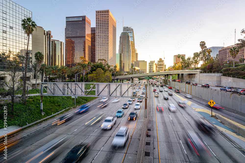 Los Angeles freeway traffic at sunset