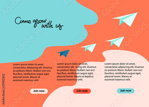 Recruitment, teambuilding, personal development concept. Background, presentation, landing page template with places for job or training courses descriptions. Paper planes, hand lettering