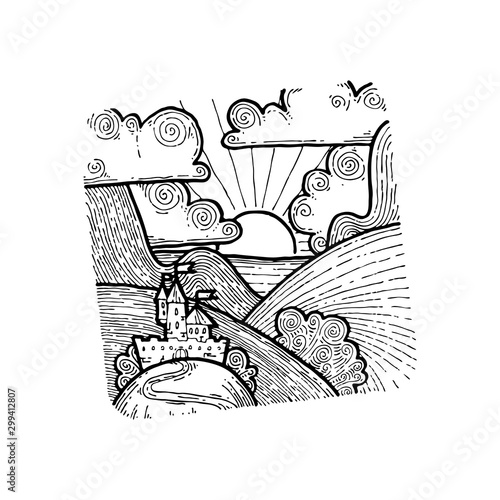 Vector grunge hand drawn landscape. Sketch illustration