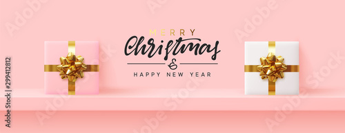 Holiday banner Merry Christmas and Happy New Year. Xmas background design with realistic festive objects, gift box stand on shelf, podium. Festive Horizontal banner, poster, header for the web site.