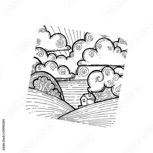 Vector grunge hand drawn landscape. Sketch illustration