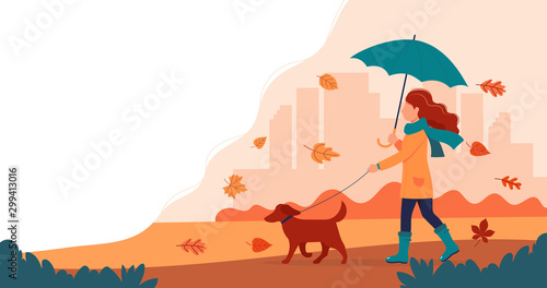 Woman walking a dog in autumn with umbrella. Cute vector illustration in flat style.
