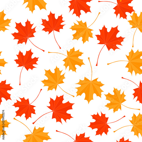 Seamless vector background with maple leaves. Red and yellow autumn maple leaves on transparent background
