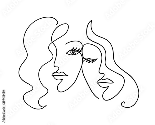 Couple girlfriend and sisters. Woman face with wavy hair. Fashion, friendship and love concept. Black and white hand drawn line art. Abstract outline vector illustration
