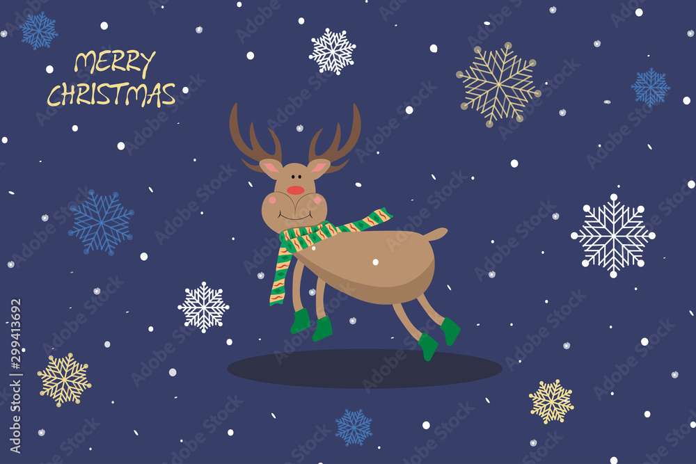 Merry Christmas. Vector illustration in a flat, cartoon style. With text. A cheerful, reindeer in a scarf and boots galloping among snowflakes. Suitable for postcards or invitations.