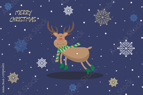 Merry Christmas. Vector illustration in a flat, cartoon style. With text. A cheerful, reindeer in a scarf and boots galloping among snowflakes. Suitable for postcards or invitations. © Julia