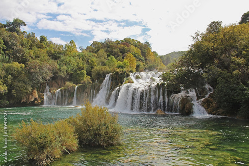Beautiful Skradinski Buk Waterfall In Krka National Park in early autumn  famous travel destination in Dalmatia of Croatia. Europe.