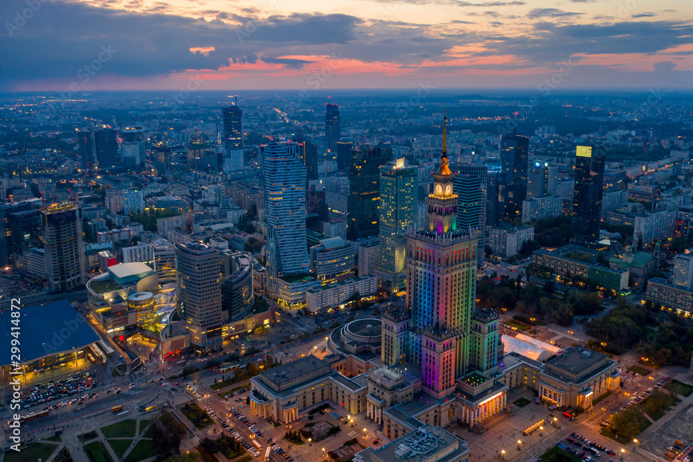 Fototapeta premium Aerial drone in Warsaw skyscrapers nad centre.
