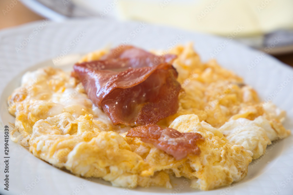 scrambled eggs and fried Serrano ham for breakfast Spain scrambled eggs and fried Serrano ham for breakfast Spain