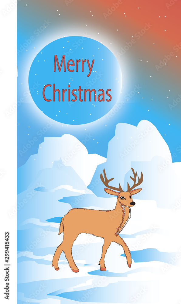 Christmas and New Year. Deer on the background of a winter space background. New Year card. copyspace