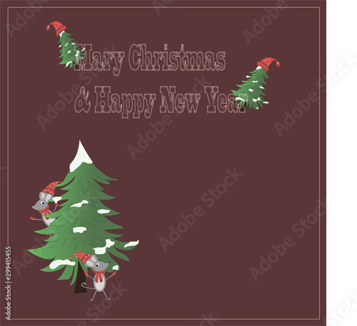 Christmas and New Year. New Year with a Christmas tree and a rat. New Year card. copyspace
