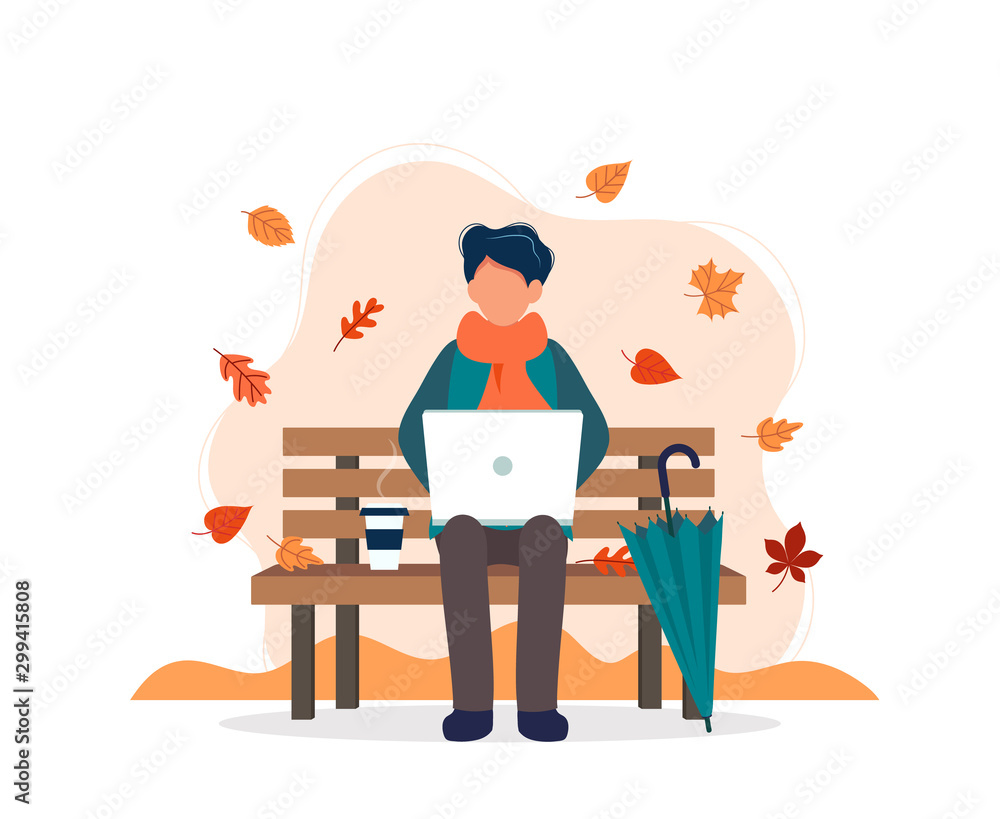 Man with laptop sitting on bench in autumn. Vector illustration in flat style Man with laptop sitting on bench in autumn. Vector illustration in flat style