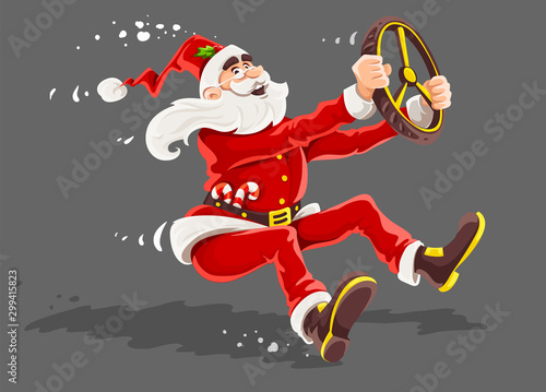 Christmas Santa Claus drives vehicle with wheel of virtual car. High-speed driving to holiday Cartoon character in red suit with beard symbol of christmas. Isolated gray. Vector illustration.
