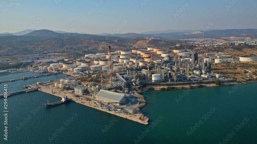 Aerial photo of industrial oil and gas refinery in Elefsina area, Attica, Greece