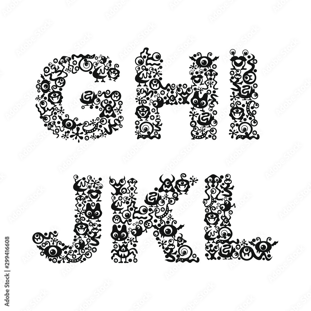 English alphabet. Black letters with monsters, blots and eyes on a white background. Letters g, h, i, j, k, l. English alphabet. Black letters with monsters, blots and eyes on a white background. Letters g, h, i, j, k, l.