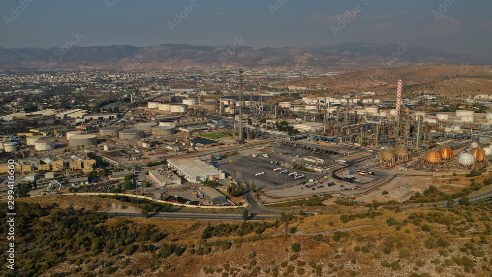 Aerial drone photo of industrial refinery of Hellenic Public Petroleum company in gulf of Aspropirgos, Attica, Greece