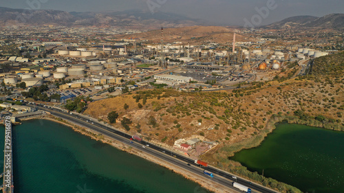 Aerial drone photo of industrial refinery of Hellenic Public Petroleum company in gulf of Aspropirgos, Attica, Greece © aerial-drone